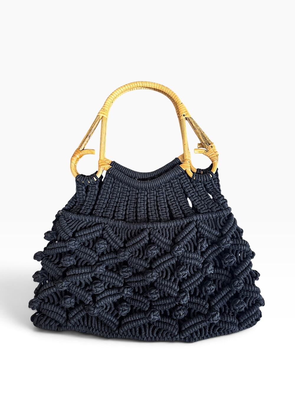 Anju Jolene Black Cotton Macramé Bag Cane Handles Boho Artisan Handbag